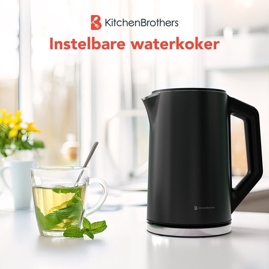 KitchenBrothers Waterkoker - Elektrisch - 1,5L - 2200W - Instelbare Temperatuurregeling - Dubbelwandig - Waterkoker RVS - Zwart