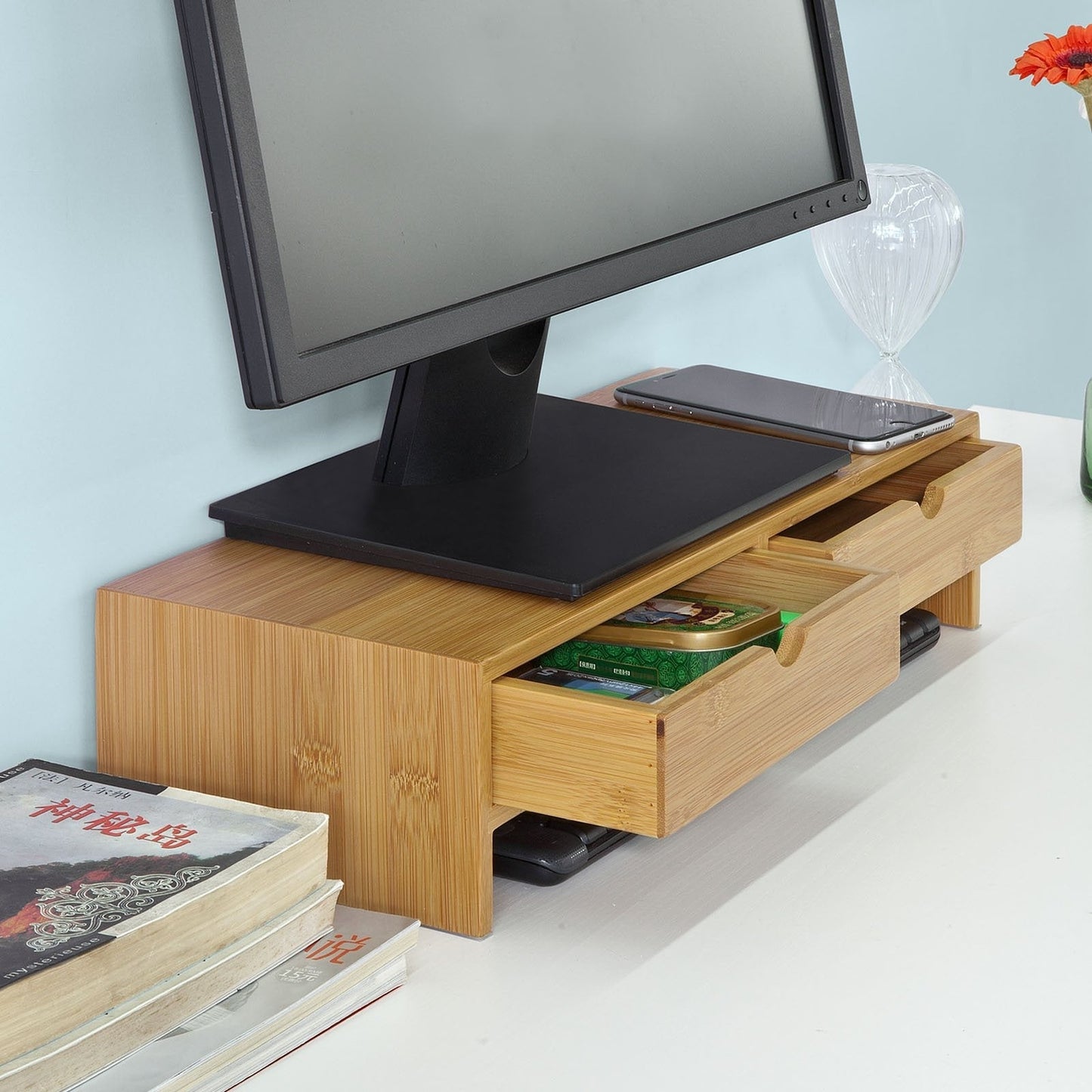 SoBuy FRG198-N Monitorstandaard - 2 Laden - 18 x 45 x 11 cm - Bamboe