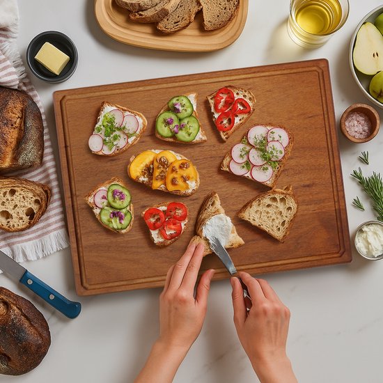 Deleca Walnoot Houten Snijplank - Dubbelzijdig met Sapgeul / Handgrepen - Groot en Dikke Hakblok - Voor Keuken, Duurzame Snijplanken, Serveerplank, Kaasplank, Borrelplank, Tapasplank - Walnoten Hout - Zonder Plastic - 51x38x3.8 cm - 4,32 kg