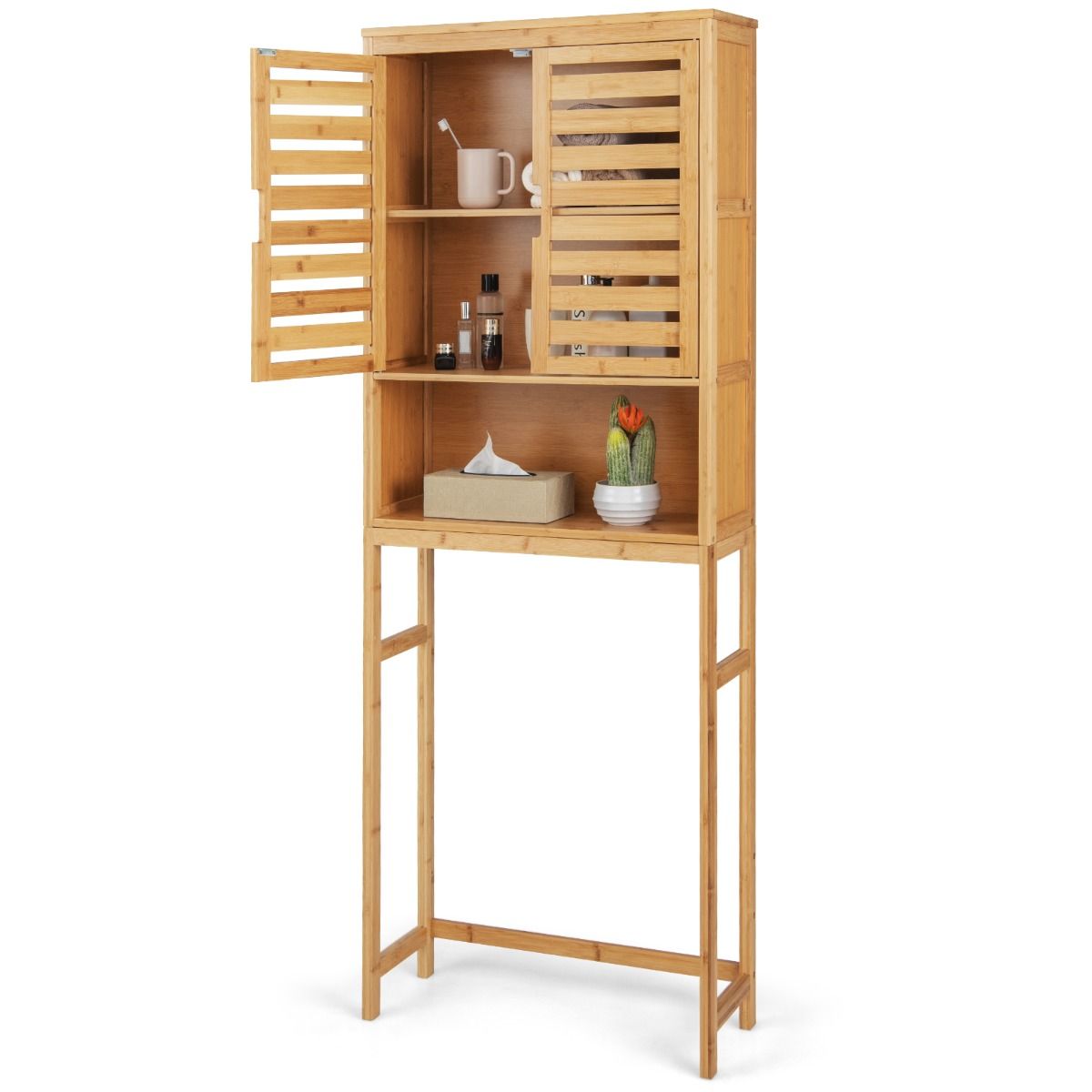 Coast Badkamerkast boven het toilet - hoge bamboe opbergkast met 2 deuren - ruimtebesparend - natuurlijk - 62 x 23 x 170 cm