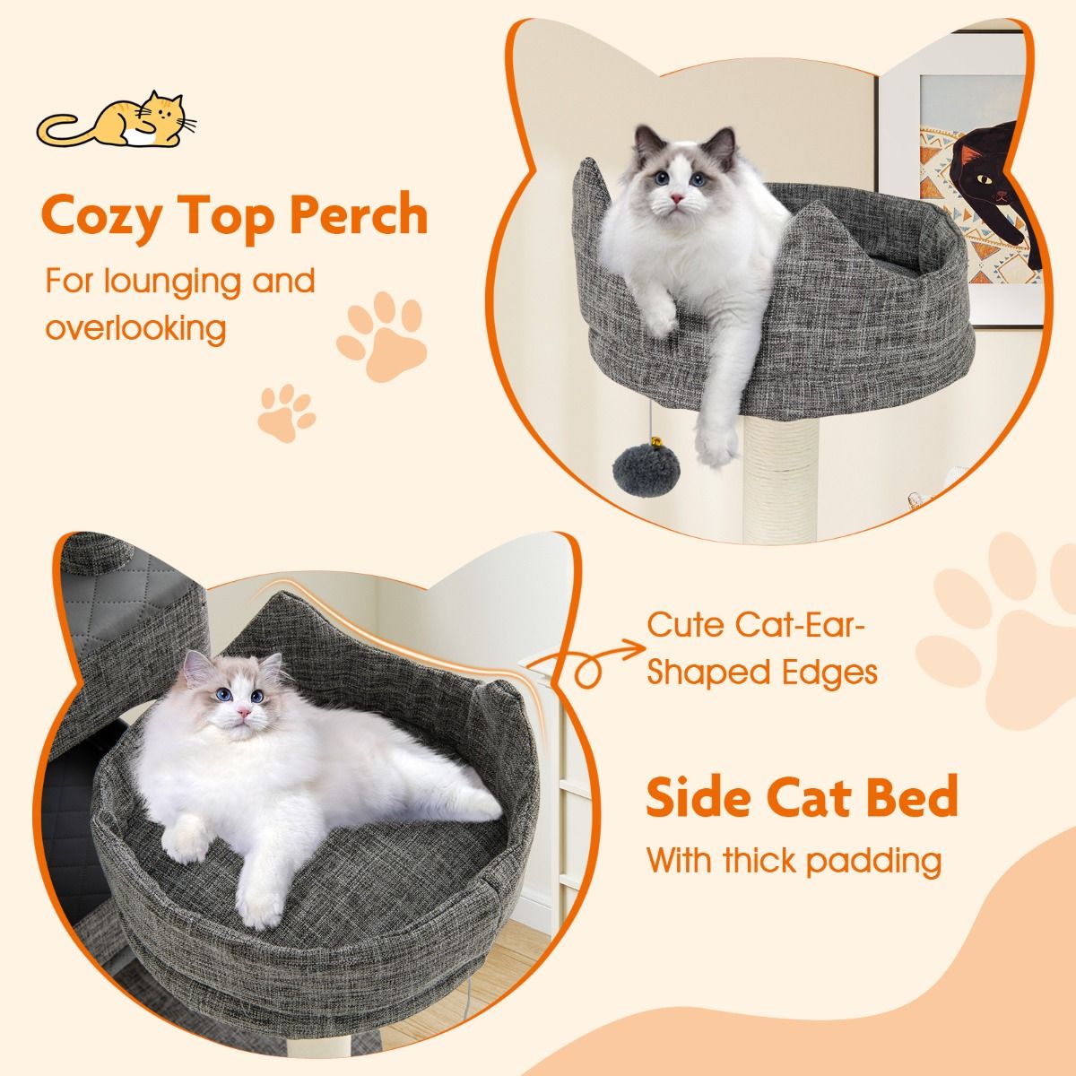 Coast Krabpaal Kattenboom - 2 kattenhuisjes - speelplatforms en kattenbed - grijs - 180 cm