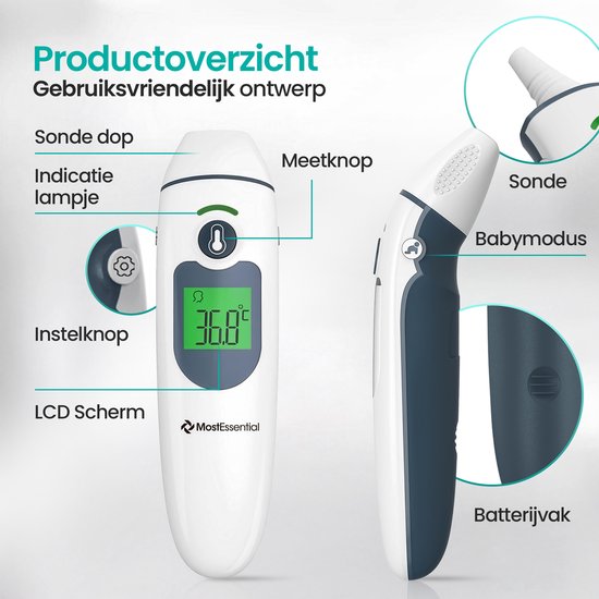 MostEssential 2-in-1 Digitale Koortsthermometer - Oorthermometer – Thermometer Voorhoofd & Lichaam - Koortsthermometer voor Volwassenen, Kinderen en Baby's - Contactloos - IR30
