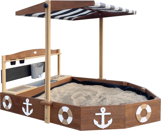 AXI Dora Boot zandbak met speelkeuken en dak (UV50) 160 x 100 cm Antraciet/bruin – Met krijtbord en opbergruimte - Inclusief gronddoek - 10 jaar garantie!