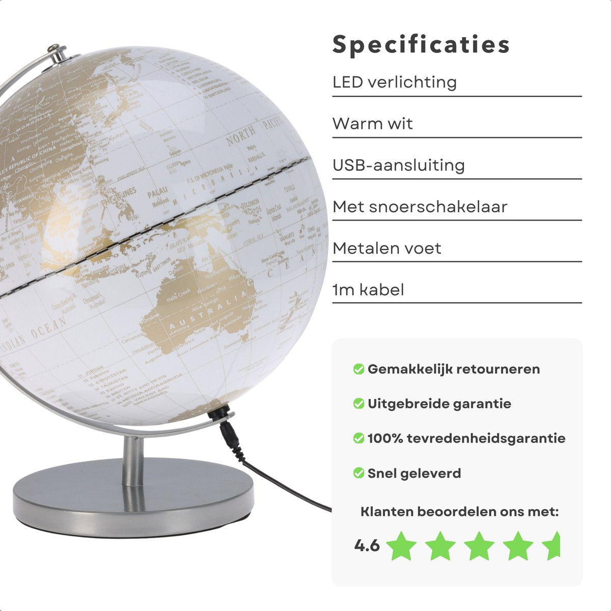 Cheqo® Wereldbol Lamp 31 cm – LED Globe met Verlichting – Wit Goud – Decoratieve USB Wereldbollamp