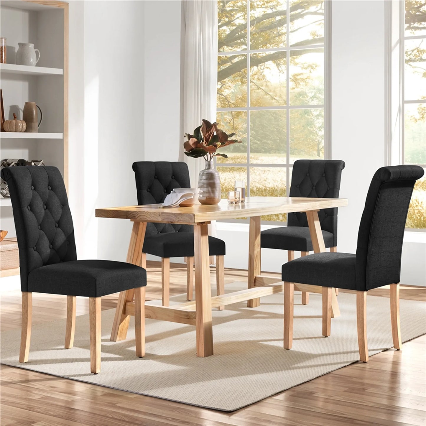Yaheetech Eetkamerstoel Met Hoge Rugleuning 2 Stuks – Voorzien Van Gecapitonneerde Rug En Massief Eikenhouten Poten En Verstelbare Beschermpoten – Voor Keuken En Restaurant – Zwart Polyester En Eikenhout – 45,5 x 62 x 98,5 cm