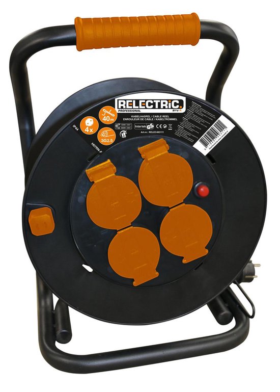 Relectric Pro Kabelhaspel – 40m – 4 stopcontacten – Met oprolknop - Randaarde - IP44 - RELEC493111