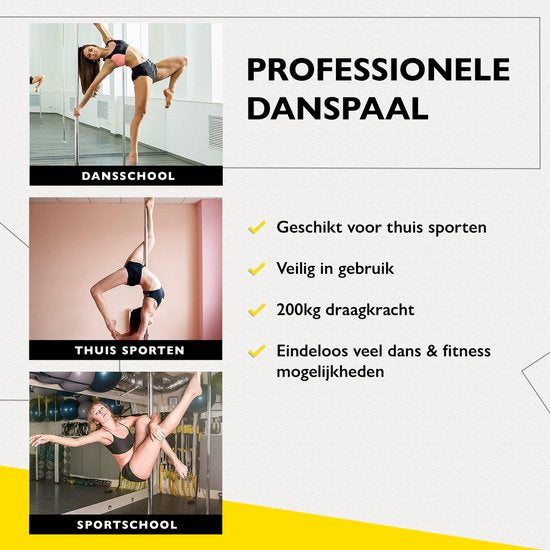 Zoluko Professionele Danspaal - Verstelbaar in hoogte: 2,24 m tot 2,74 m - Roterend en Statisch - 200KG Draagvermogen - Paaldansen - Dansstang - Pole Dance - Dance Pole - Zilver/Chroom