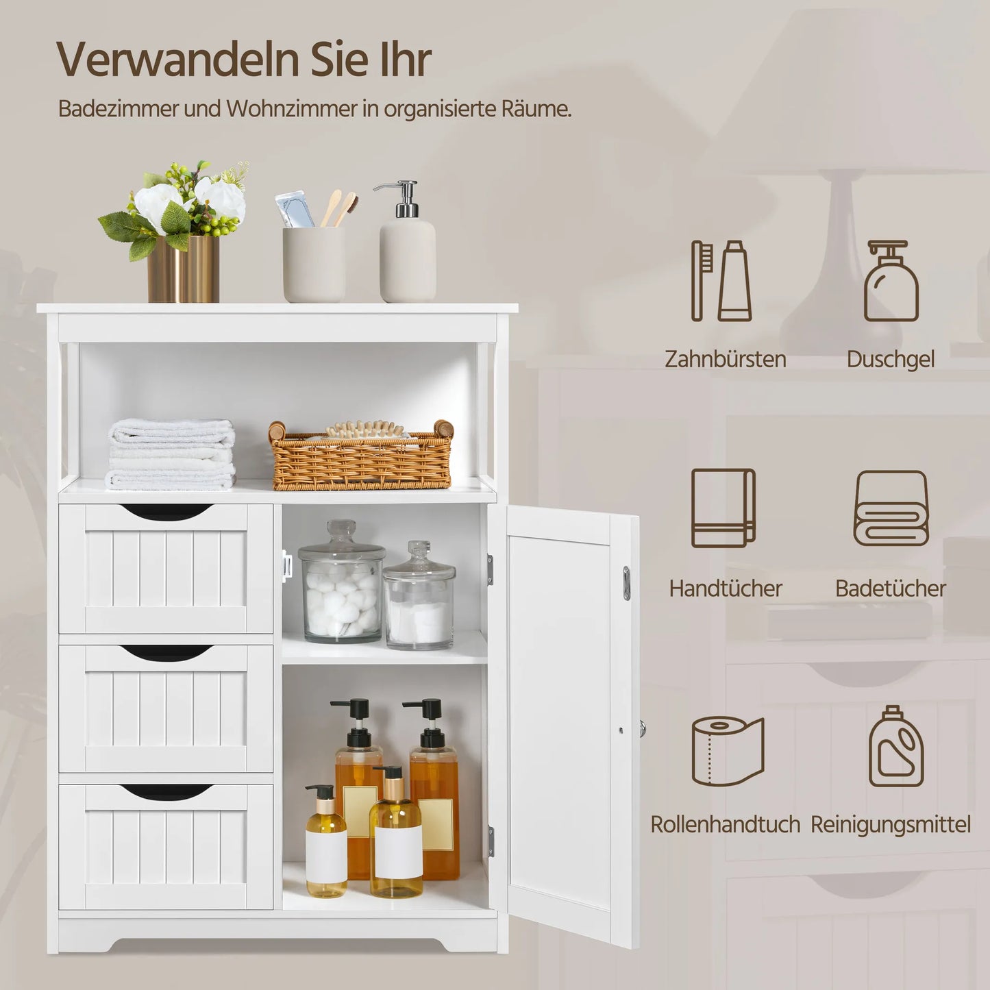 Yaheetech Badkamerkast Met 3 Lades – Voorzien Van Verstelbare Plank En Open Opbergvak En Metalen Beslag – Voor Badkamer Woonkamer En Slaapkamer – Wit Mdf En Metaal – 66 x 35 x 90 cm