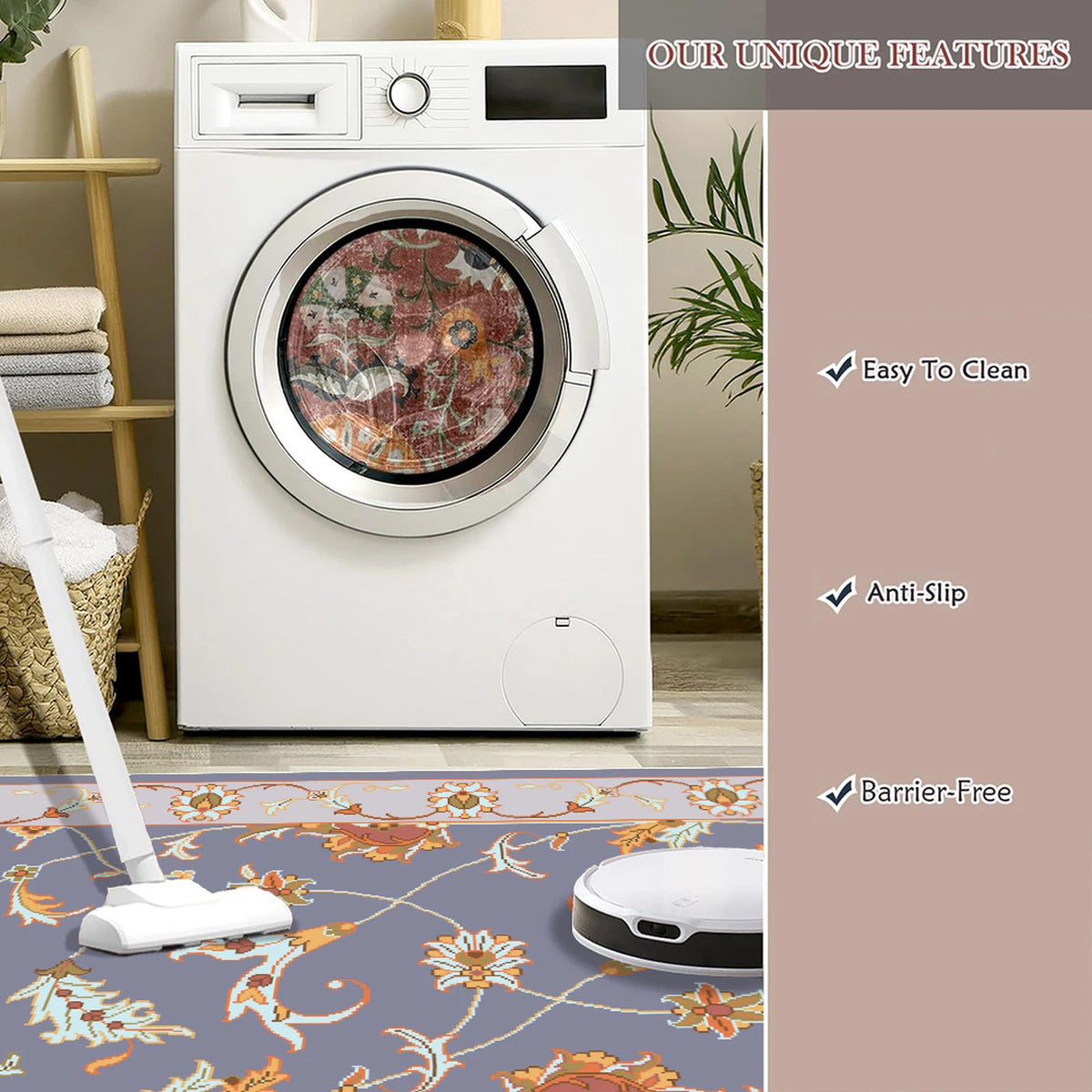 WhereHike Vloerkleed Bloemen & Vogels Print - Paars - 183 x 274 cm - Wasbaar, Antislip
