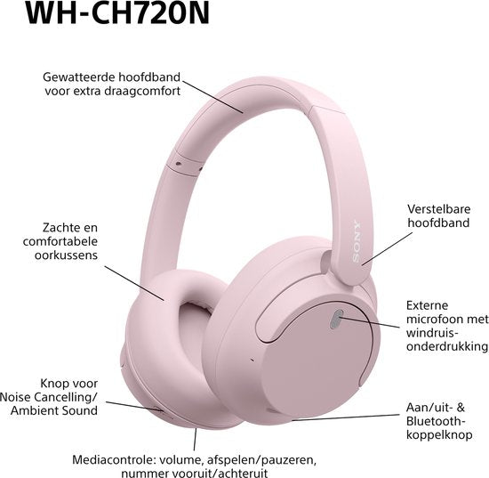 Sony WH-CH720N – Draadloze over-ear koptelefoon met Noise Cancelling - Roze