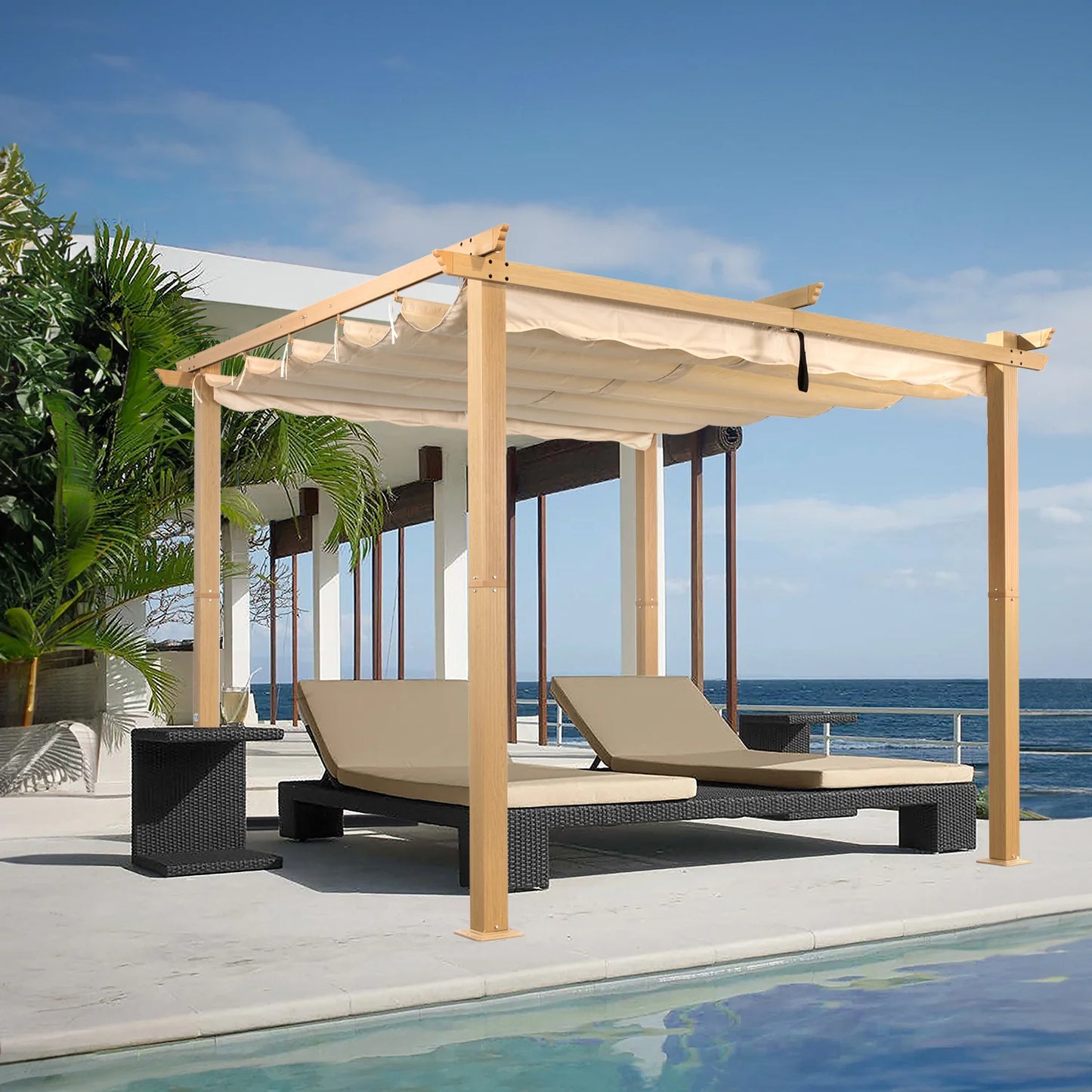 Angel Living Aluminium Pergola 3×3 m Crèmegeel – Uittrekbaar Dak UV50+, Stalen Dakbuizen, Poedercoating