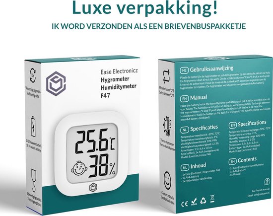 Ease Electronicz Hygrometer - Weerstation - Luchtvochtigheidsmeter - Thermometer Voor Binnen - Incl. Batterij en Plakstrip