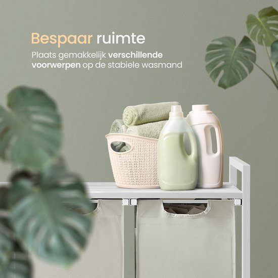 O'DADDY® Wasmand 3 Vakken - Uitschuifbare Wassorteerder met Plank - 114 Liter - 92,5 x 33 x 71 cm - Verstelbare Pootjes - Makkelijk te Monteren - Veelzijdig en Stijlvol Metaal - Wit