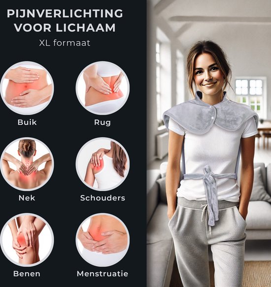 STAUS&BACH WarmWrap - Elektrisch warmtekussen (100W) met 9 timer- en warmtestanden - 90 x 60 cm heating pad - Verwarmingskussen voor nek, schouder en rug - Grijs