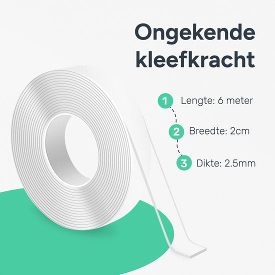 Dubbelzijdig tape extra sterk - 6 meter - 3cm breed - Waterdicht en Herbruikbaar - Montage - Nano - Plakband - Klussen - Transparante