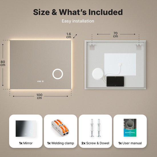 Mirlux Badkamerspiegel met LED Verlichting & Verwarming – Rechthoekige Wandspiegel – Anti Condens Douchespiegel - 100x80CM
