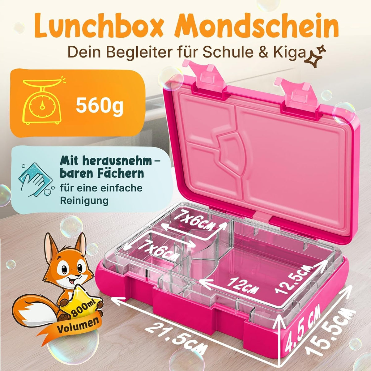 Funkelfuchs® Kinderen Lunchbox met Vakverdeling - 800ml – Roze – Grote Broodtrommel & Snackbox – Lunchbox voor School, Crèche & Kinderdagverblijf