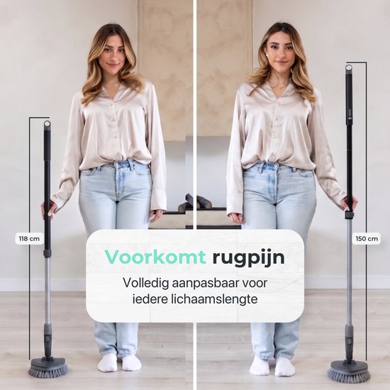 CLEANLY Schrobber met Steel 3 in 1 set - Schoonmaakborstel - Schuurborstel - Schrobber met Steel - Schrobborstel - Luiwagen - Verstelbaar 118-150cm - Zwart, Grijs