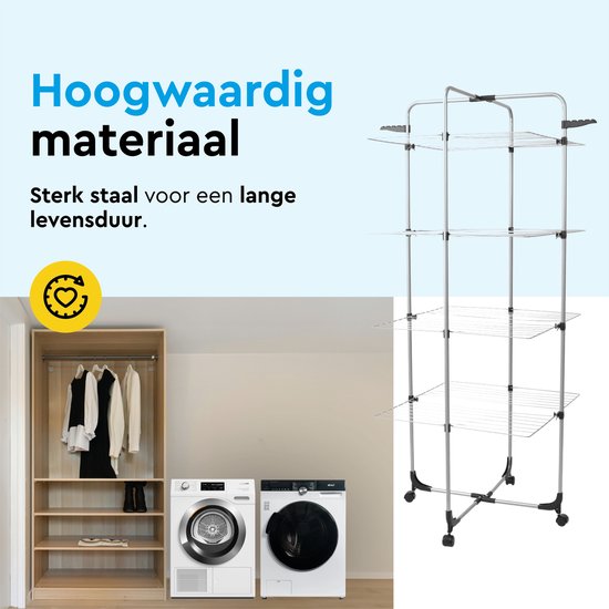 BRASQ Droogtoren 4 Lagen - Drooglengte 40 Meter - Droogrek met Wieltjes en houders - Wasrek - Wastoren 68x68x169 cm - Wit