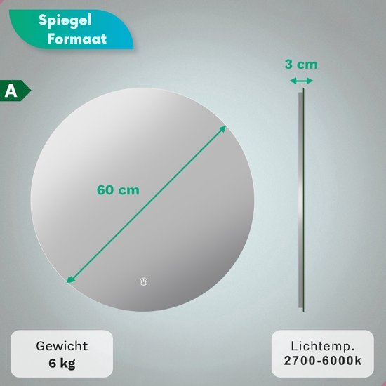 Mirlux Badkamerspiegel – Rond 60 cm – LED Verlichting & Verwarming – Anti-Condens Douchespiegel – Frameloos