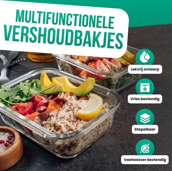 Avalo Vershoudbakjes Glas - Meal Prep Bakjes - Diepvriesbakjes - Met Deksel - 5 Delig 1060ml