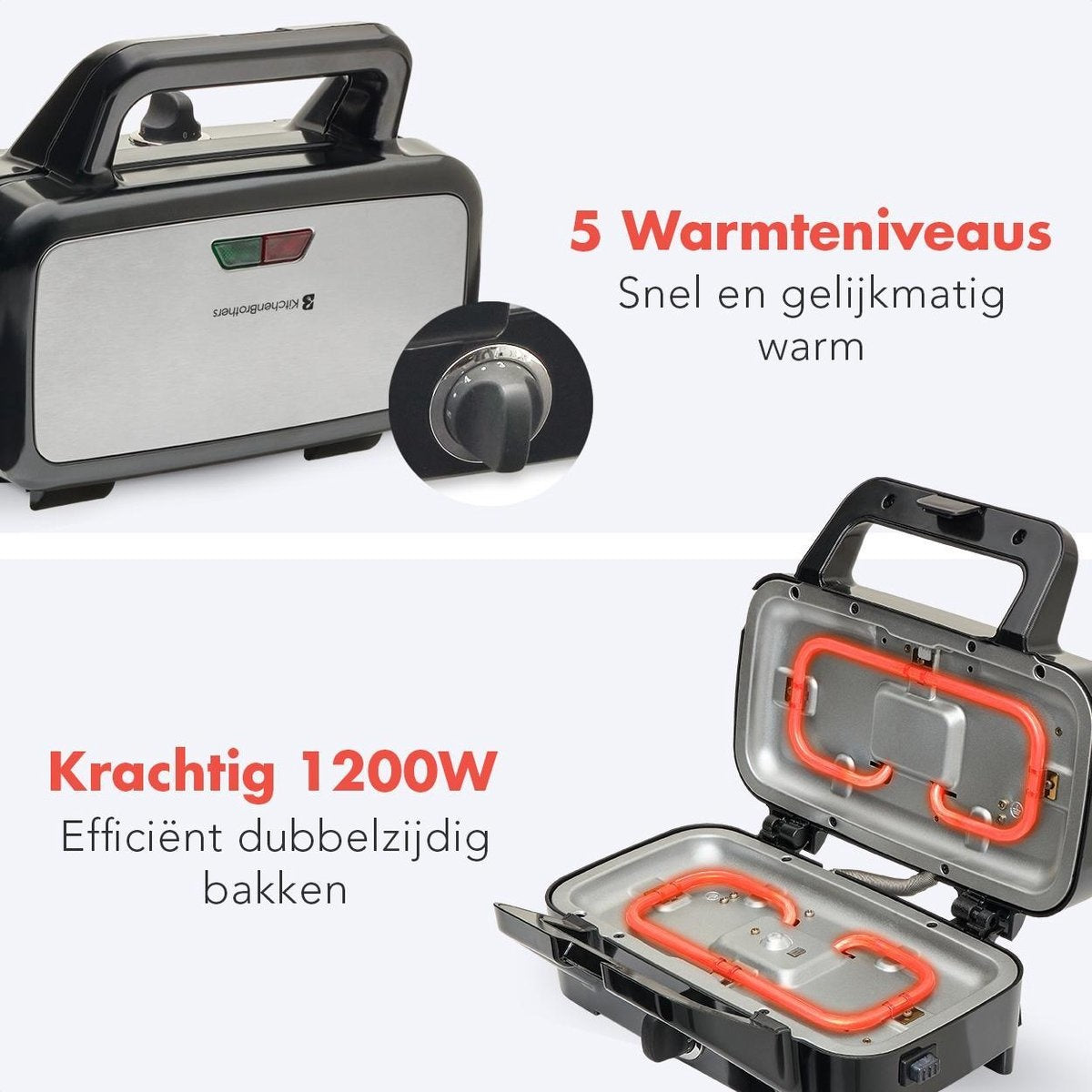 KitchenBrothers 3-in-1 Wafelijzer - Tosti Apparaat - Contact Grill - Verwisselbare Platen - RVS