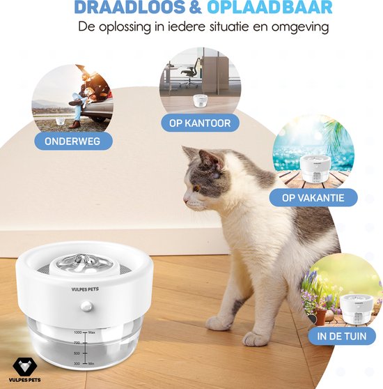 Vulpes Goods® Huisdieren - Drinkfontein voor Kat & Hond – Draadloze Kattenfontein – Waterbak en Waterfontein Kat – Oplaadbaar, Draagbaar & Draadloos - Drinkbak Hond - Anti Knoei - PRO Versie