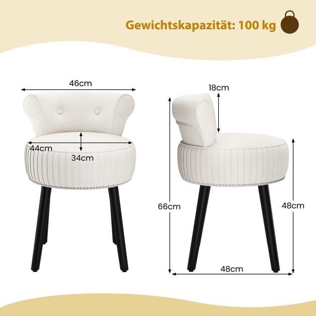 Coast Fluwelen Make-upstoel met Rugleuning – 48 x 46 x 66 cm – Wit