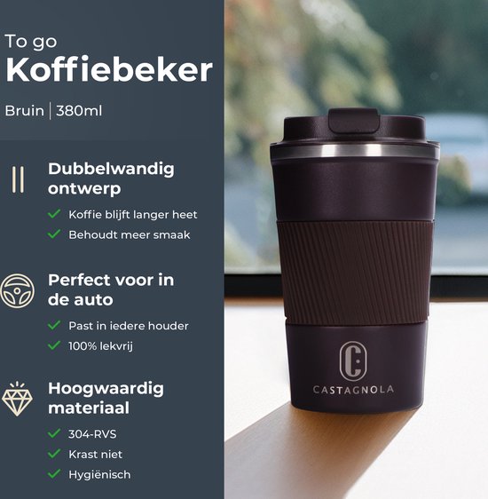 Castagnola Thermosbeker - Koffiebeker To Go - Travel Mug voor Koffie en Thee - Theebeker - 380 ML - RVS - Bruin