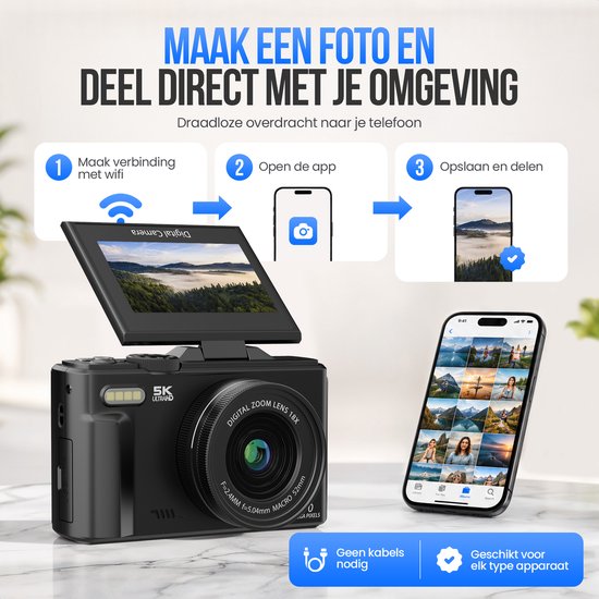 Strex Digitale Camera 5K 75MP - Fototoestel - Compactcamera met Wifi - Vlog Camera - Fotocamera voor Kinderen - 18x Zoom - Draaibaar Scherm - Zwart