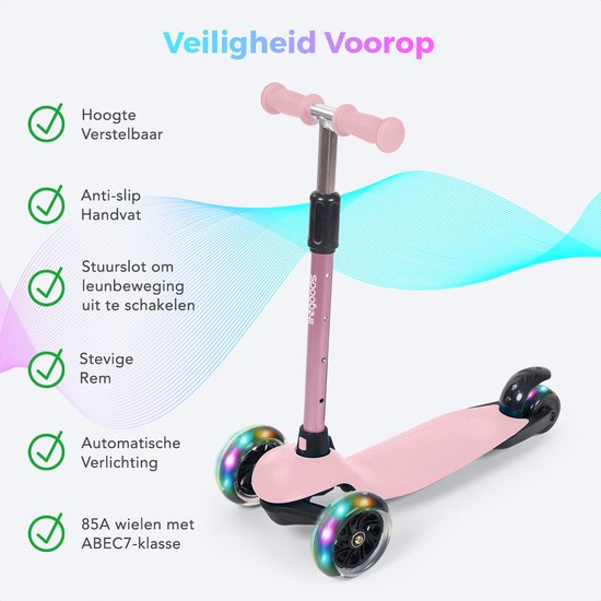 LifeGoods – Kinderstep Met 3 LED-Wielen – Geschikt Voor 2-5 Jaar & Hoogte Verstelbaar – Voorzien Van Lichtgevende Led Wielen En Voetrem – Voor Jongens En Meisjes – Pastel Roze Aluminium