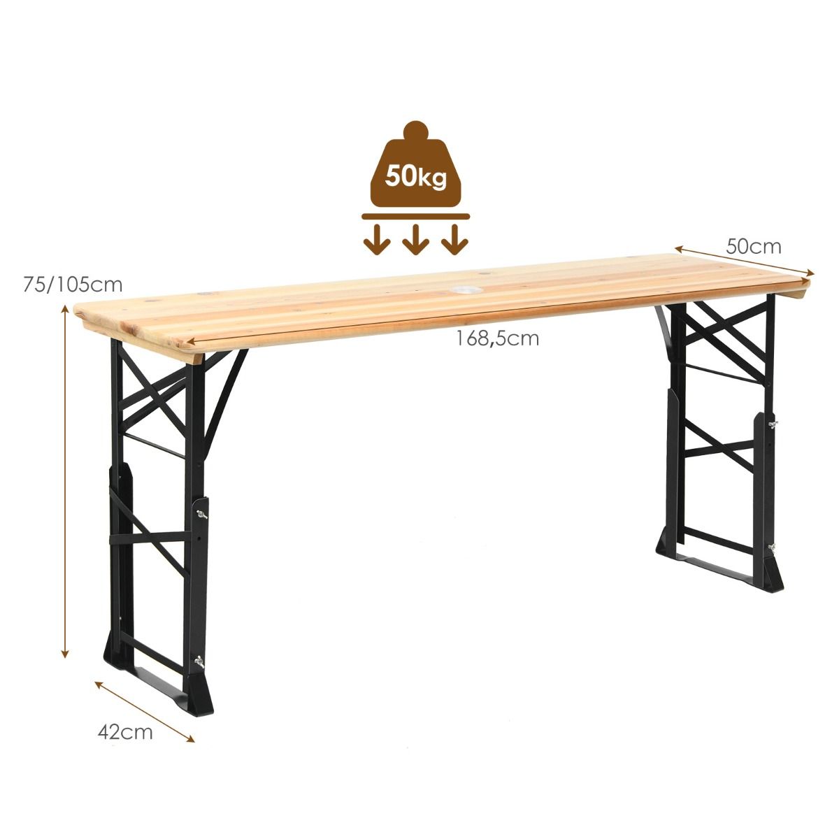 coast Biertafel - Inklapbaar - Hoogte Verstelbaar 75-105 cm - 168,5 x 50 cm - Hout/Natuurlijk - Met Parasolgat