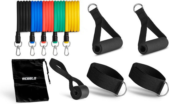 Rebblo - Home Workout Set – 10-delig – Weerstandsbanden – Enkelbanden – Handvaten – Deuranker – Fitness Set Incl. Opbergtas - 2/3/4/5/6 kg