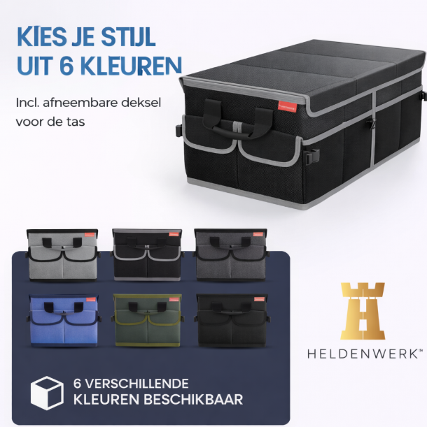 HELDENWERK Premium kofferbak organizer met deksel, stevig & antislip - Opvouwbare kofferbaktas, groot met dubbele bodem - Kofferbakbox, kofferbak organizer box