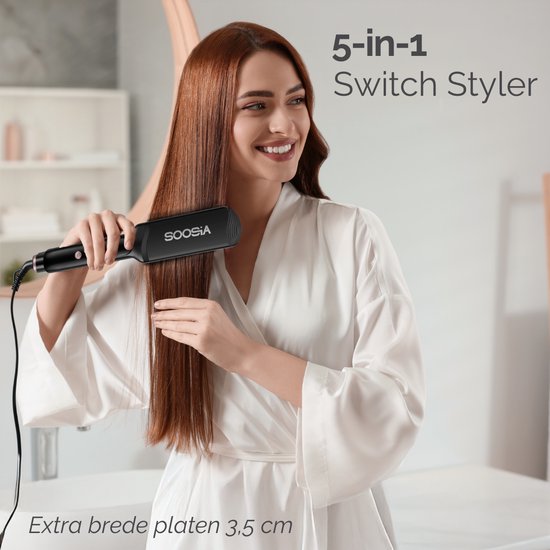 Soosia 5-in-1 Switch Styler – Stijltang, wafeltang, Golftang & Krultang – 3,5 cm Keramische Platen – Rosegoud