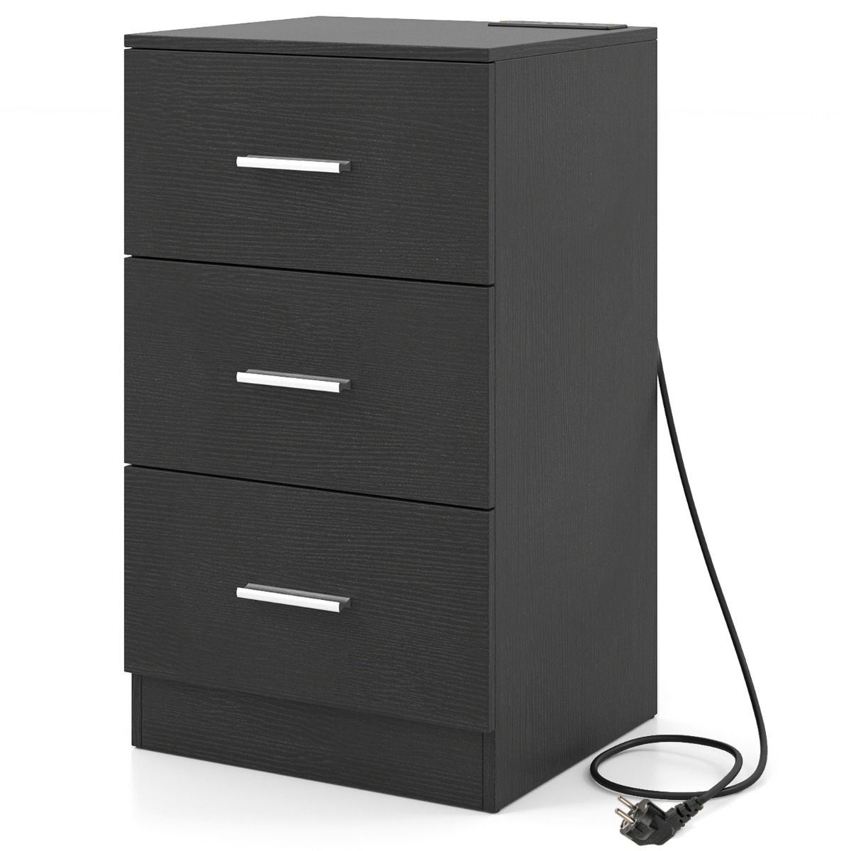 Coast Nachtkastje met Oplaadstation - 3 lades - Houtstructuur - Wit/Zwart - 38 x 35 x 66 cm