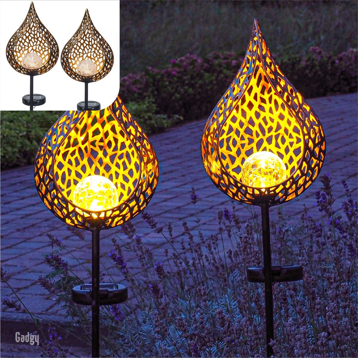 Gadgy Solar Tuinfakkel Druppel met Grondspies - Solar Tuinverlichting Set van 2 st. - Tuinsteker 90CM Hoog - Tuinverlichting op Zonneenergie Buiten - Led Buitenverlichting met Sensor - Tuinlantaarn - Koperkleurig Metaal