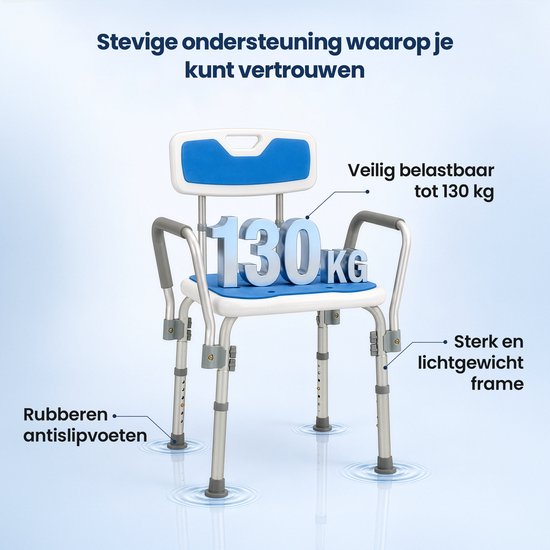 Truesafe Douchestoel met afneembare rug- en armleuning - Douchekruk - Badkamer Stoel - Antislip - Verstelbare Hoogte - Max 130 Kg + Douchezak