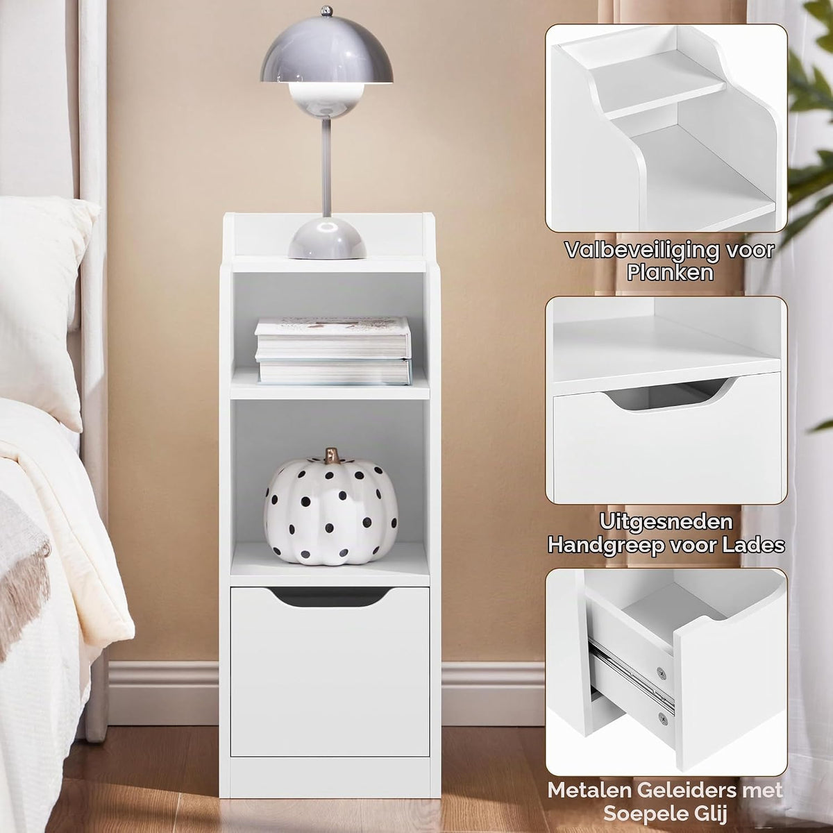 Yaheetech Smalle Nachtkastje 30x25x65 cm met Lade - 2 Vakken - Wit