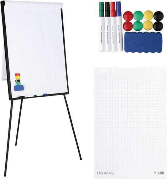 BRASQ Flipover - 70x100 cm - Verstelbaar Whiteboard - Inclusief 25 vellen papier, 4 Stiften, 8 Magneten, Wisser - Magnetisch bord met Haken - Magneetbord - Zwart