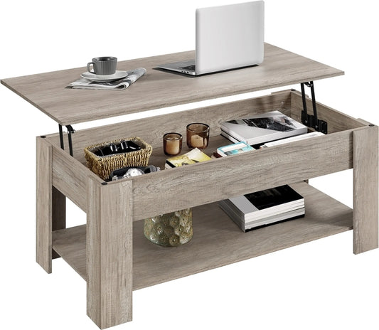 Yaheetech Salontafel Met Lift-Top Functie – Voorzien Van Verborgen Opbergvak En Verstelbare Onderste Plank En Veermechanisme – Voor Woonkamer En Studeerkamer – Grijs Mdf En Metaal – 120 x 59 x 49,5-63,5 cm