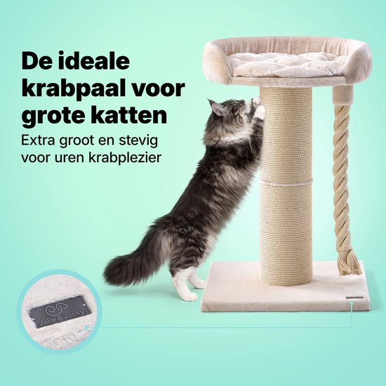 Jake en Jacky Krabpaal voor Grote Katten met Mand - Met Speeltouw - Naturel/Crème - 57x57x90 cm - Ø Sisal Krabpaal 20 cm