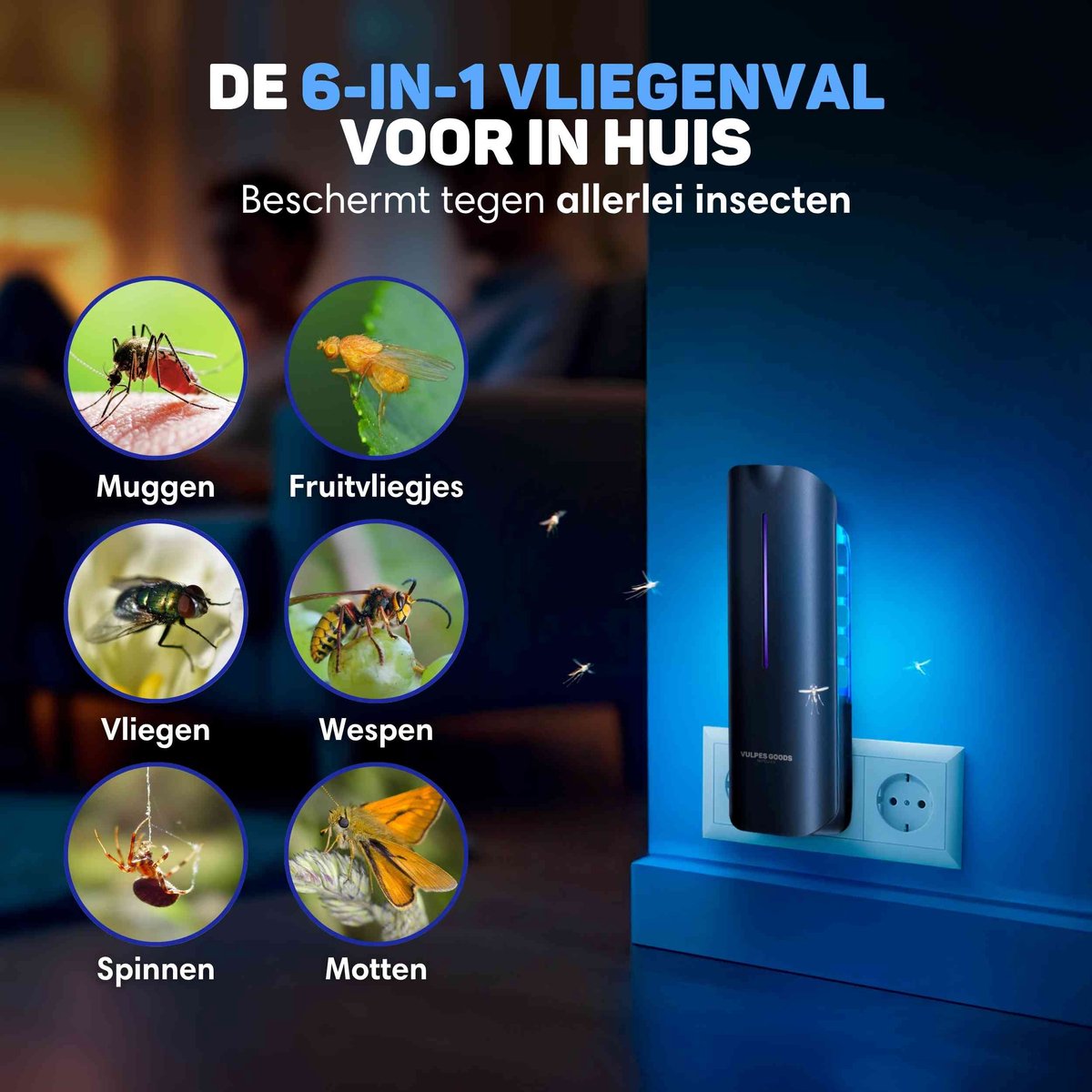 Vulpes Goods® Verjager Muggenlamp 9x9x25cm – Grijs – UV-LED Vliegenlamp met Plakstrip – Stil, Geurloos & Gifvrij – Inclusief 10 Navulbare Lijmplaten – Voor Binnengebruik