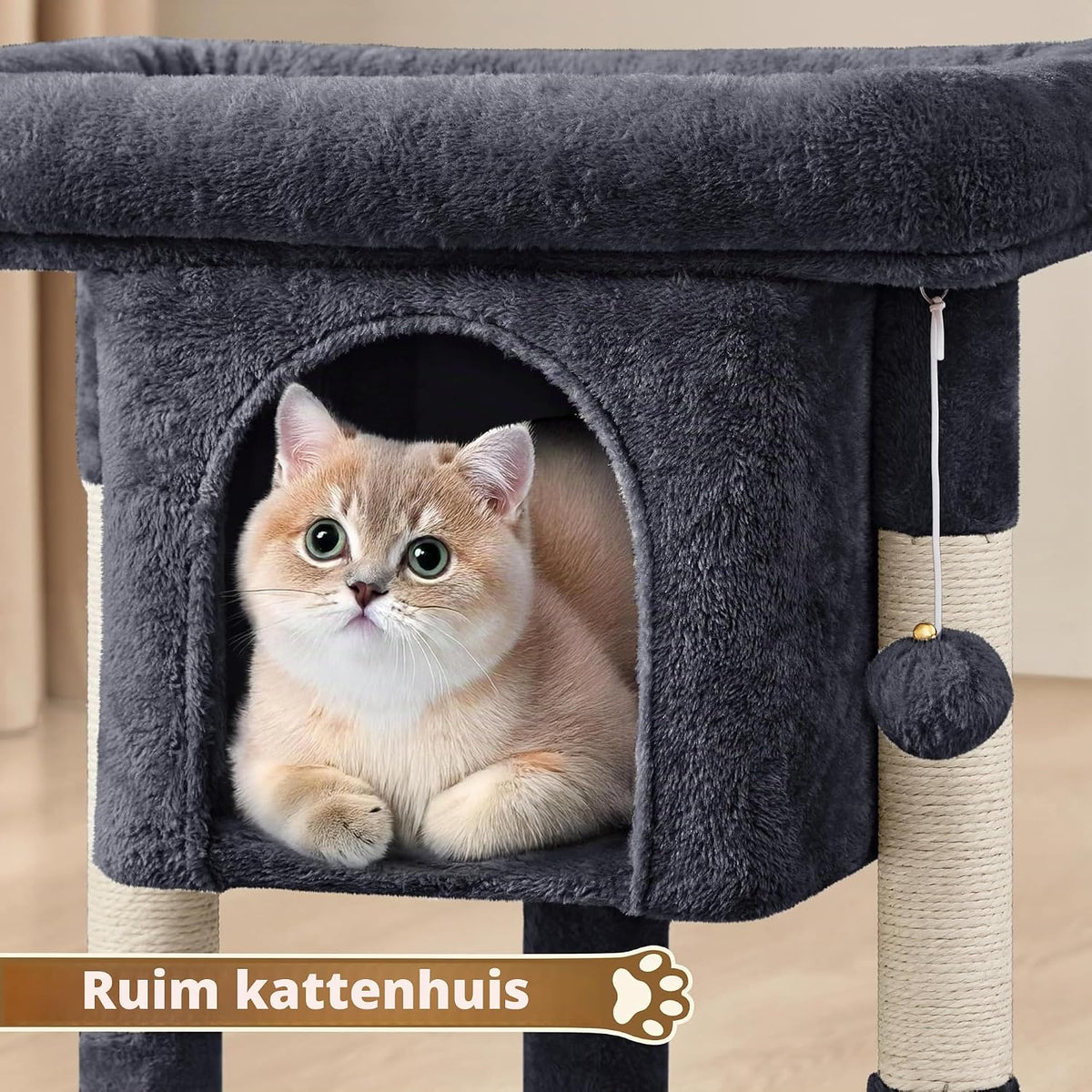 Yaheetech Krabpaal - Zwart - 40,5 x 40,5 x 58 cm - Met Kattenhol, Sisalpalen en Speelbal