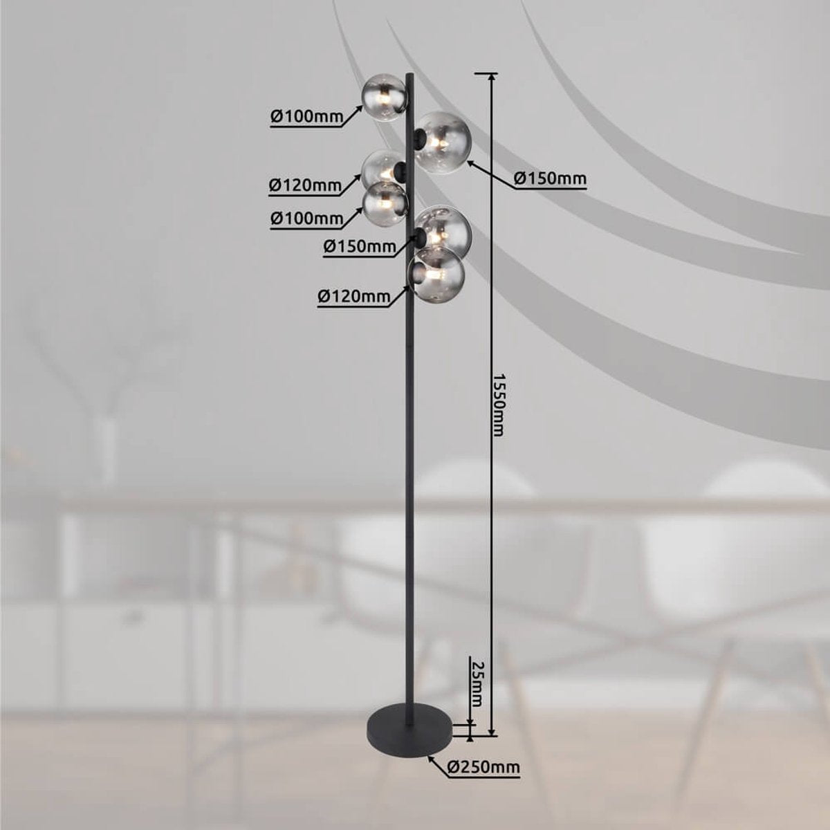 Globo Riha Vloerlamp - Zwart Metaal met Rookglas - 155 cm - 6xG9 LED