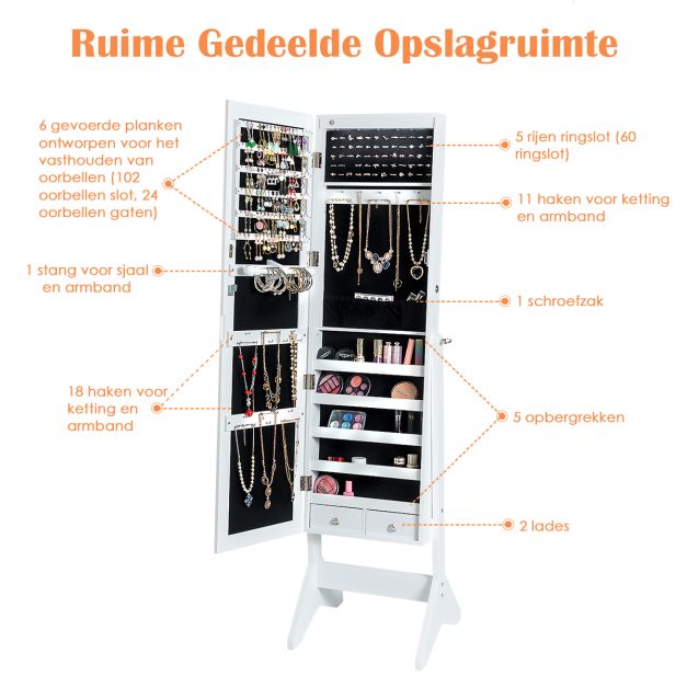 Coast Sieradenkast met Spiegel - 44 x 37 x 160 cm - Wit