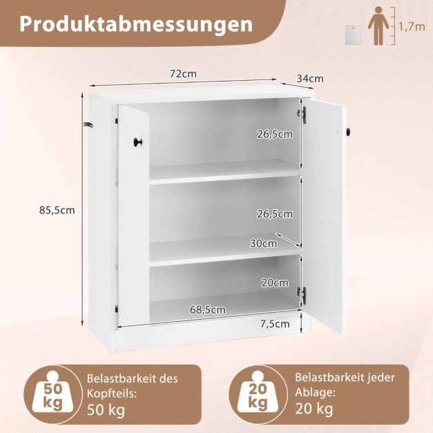 Coast Dressoir Wit – Moderne Opbergkast met 2 Deuren en 3 Planken – 72 x 34 x 85,5 cm