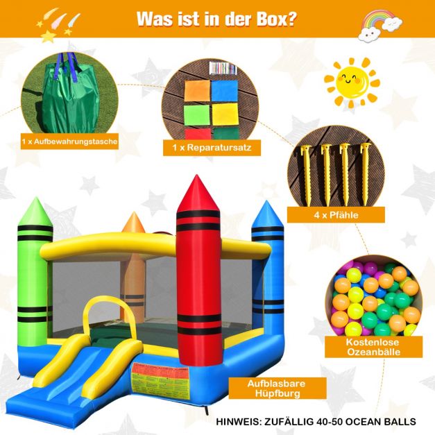 Coast Springkasteel Multicolor – Opblaasbaar Speelkasteel met Glijbaan en Ballen – 350 x 273 x 226 cm