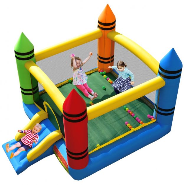 Coast Springkasteel Multicolor – Opblaasbaar Speelkasteel met Glijbaan en Ballen – 350 x 273 x 226 cm