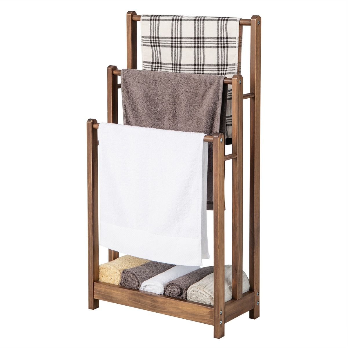 Coast Handdoekhouder met 3 Stangen - Kantelbeveiliging - Dennenhout - 45 x 22 x 86 cm - Rustiek Bruin